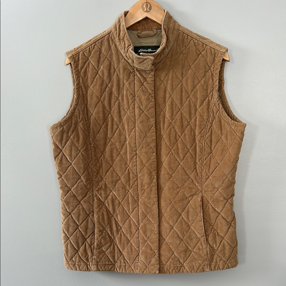 Eddie Bauer Women’s Diamond Quilted Corduroy Vest‎ Size Large Tall Caramel Tan